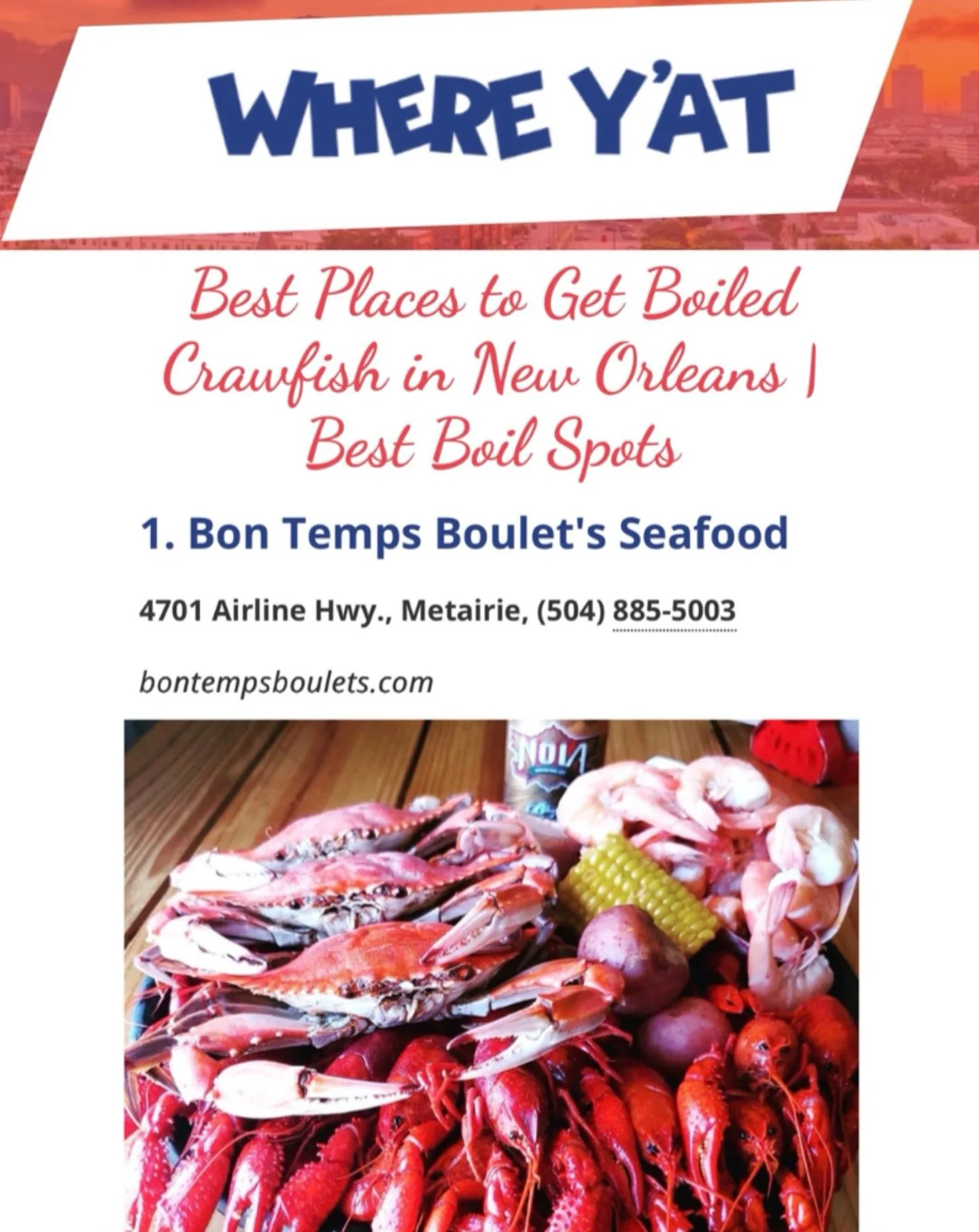 Number 1 on the list of BEST PLACES TO GET BOILED CRAWFISH IN NEW ORLEANS by @whereyatnola!

&ldquo;Bon Temps Boulet&rsquo;s Seafood offers various types of seafood with great sides and boil fixings. Boiled crawfish is available, among other options 