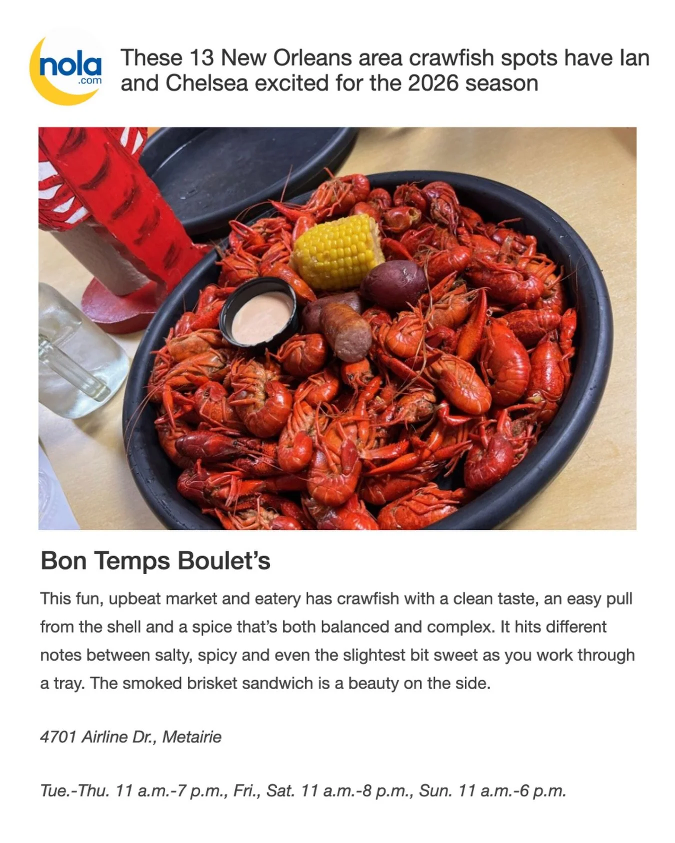 Big thanks to @nolanews for the shoutout this crawfish season 🦞 

Bon Temps Boulet&rsquo;s Seafood is just doing our civic duty: boiling crawfish and making sure nobody leaves hungry!

#crawfish #neworleans #nolaeats