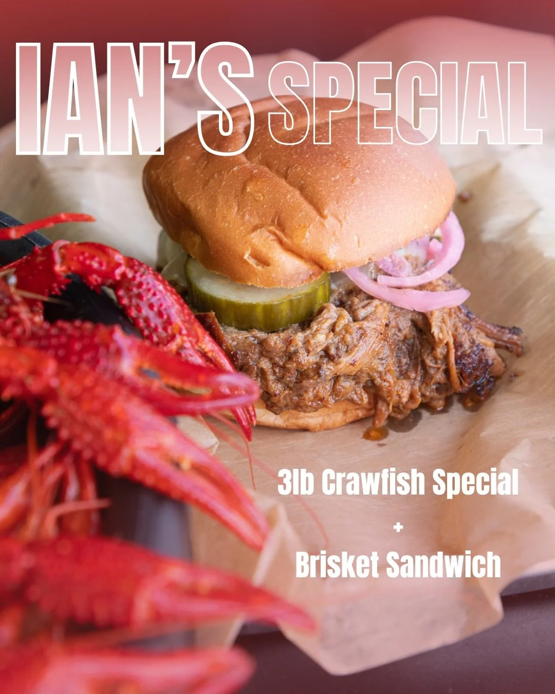 Introducing Ian&rsquo;s Special 🔥

Our ode to that lovely @nolanews feature and a whole lot of local flavor.

We&rsquo;re talking a brisket sandwich stacked with 24-hour pecan wood&ndash;smoked goodness, plus a 3 lb crawfish special with 1 corn, two
