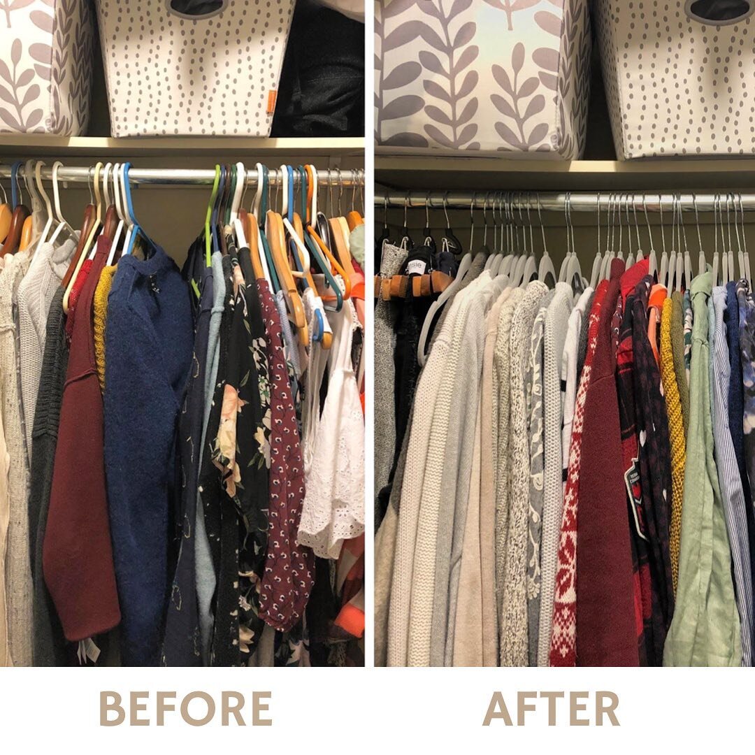 Let&rsquo;s talk matching hangers 💁🏼&zwj;♀️

Unifying the colour and texture of hangers creates a simple and impactful change. Couple this change with organizing your clothes by their colour palette and you&rsquo;ve got a closet makeover. 

Did I m