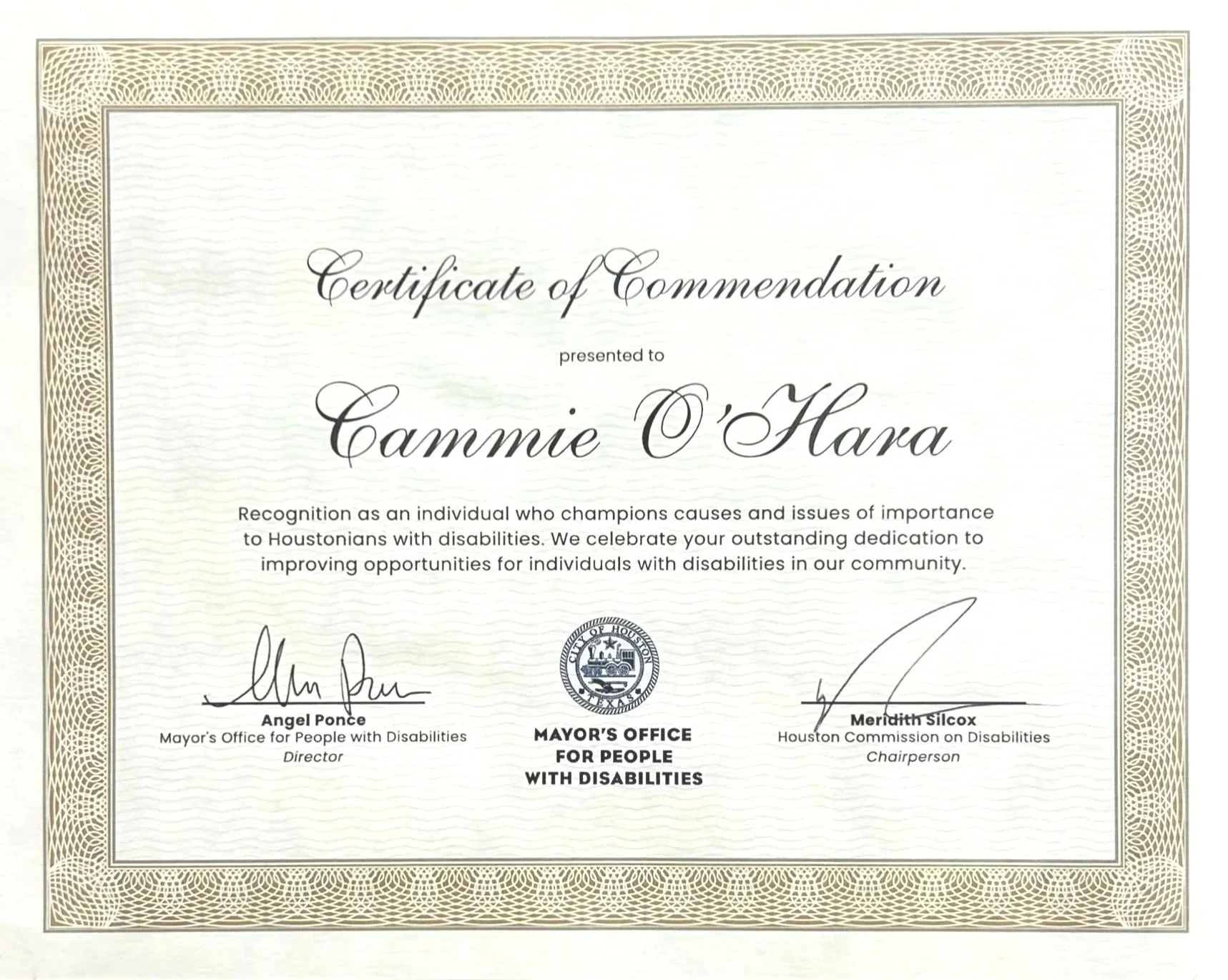 Certificate of Commendation - Champion of Inclusion - awarded to Cammie O’Hara by Houston Office for People with Disabilities, signed by Angel Ponce and Meredith Silcox.