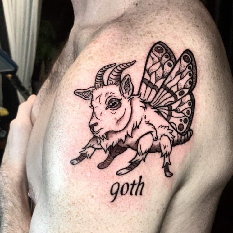 Just a goth for @you.noah.sup 🐐 was great to see you after so many years ! Loved how this one turned out, thanks for making the trek down from LA to get tattooed ⚡️
.
.
.
.
#goth #gothtattoo #goat #moth #blackandgreytattoo #creaturetattoo #creaturea