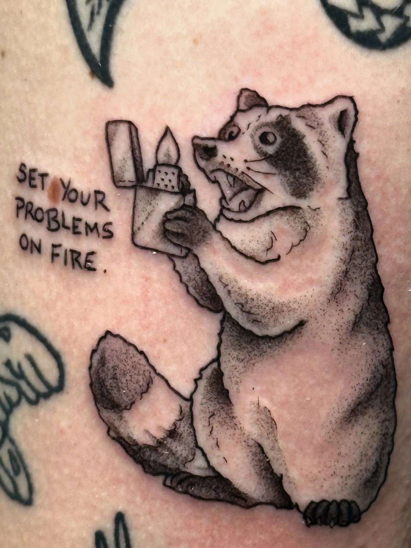 Problems solved&hellip;
.
.
.
#RaccoonTattoo #FunnyTattoo #DarkHumorTattoo #LineworkTattoo #BlackAndGreyTattoo #SanDiegoTattoo #SDTattooArtist #ArttTattoos #EdenTattooGallery #TattooCulture #TattooHumor