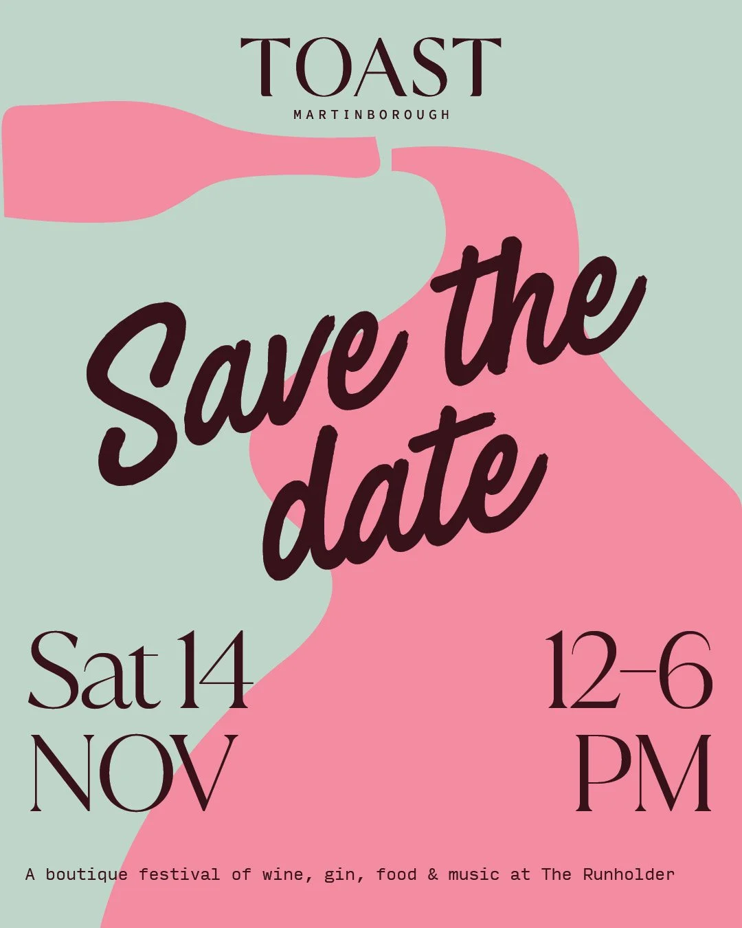 Save the date postcard for Toast Martinborough festival on November 14th 2026 from 12 to 6 PM at The Runholder, featuring wine, gin, food, and music, with a pastel-colored background and modern typography.