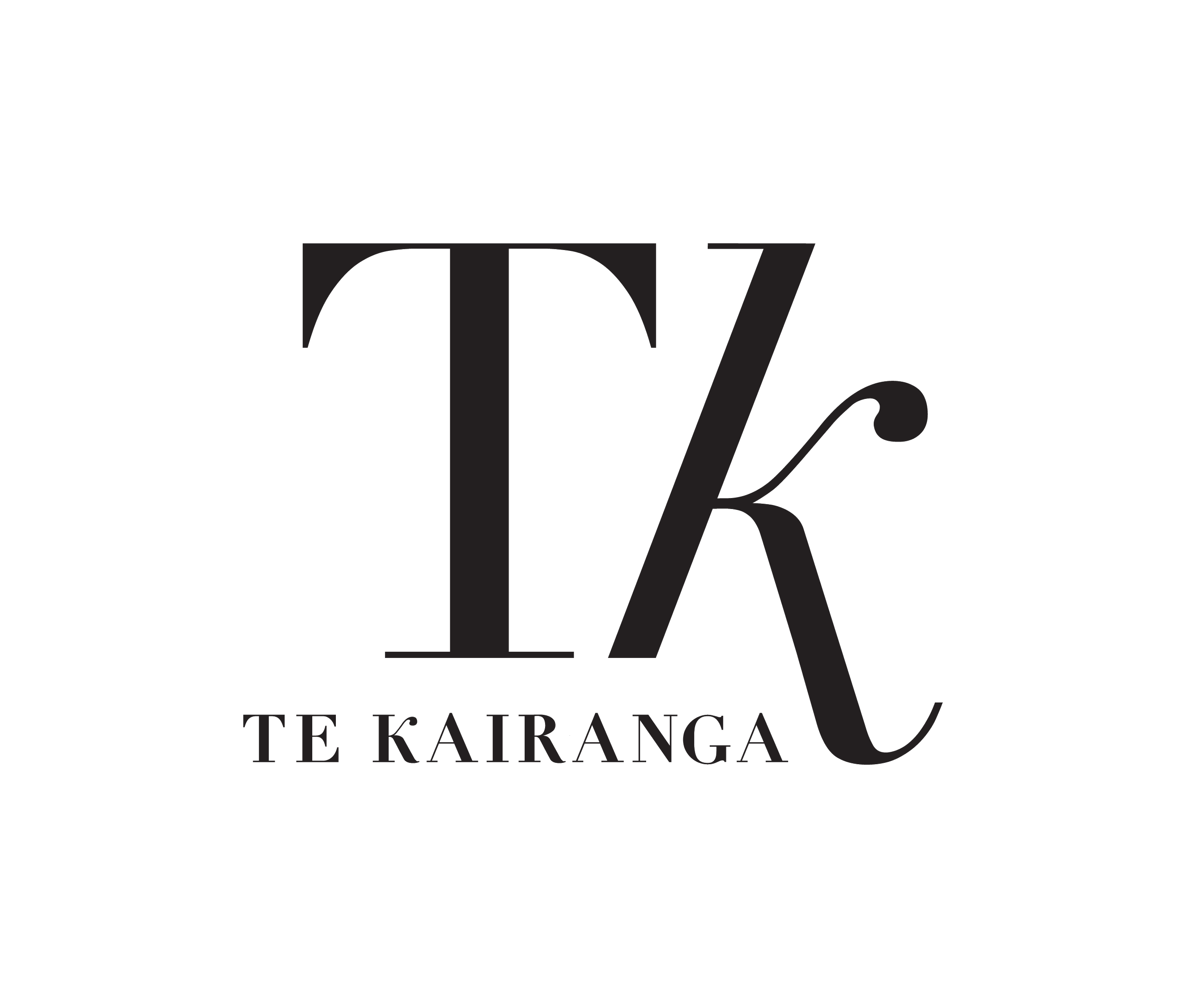 Logo with large stylized letter T and K, with the text 'TE KAIRANGA' beneath, in black and white.
