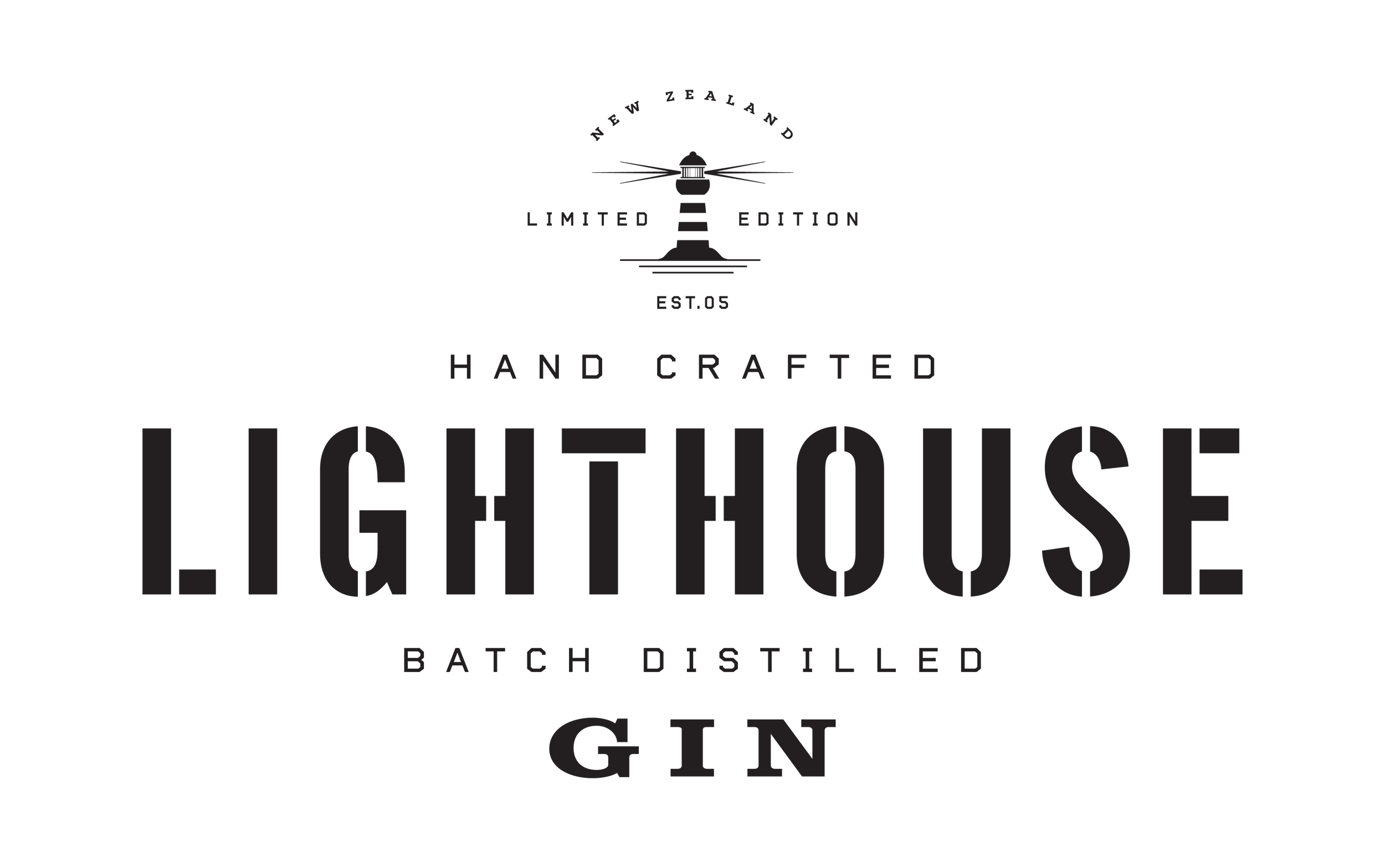 A black and white logo for Lighthouse Batch Distilled Gin, featuring a lighthouse and text indicating it is hand crafted, limited edition, and established in 2005.