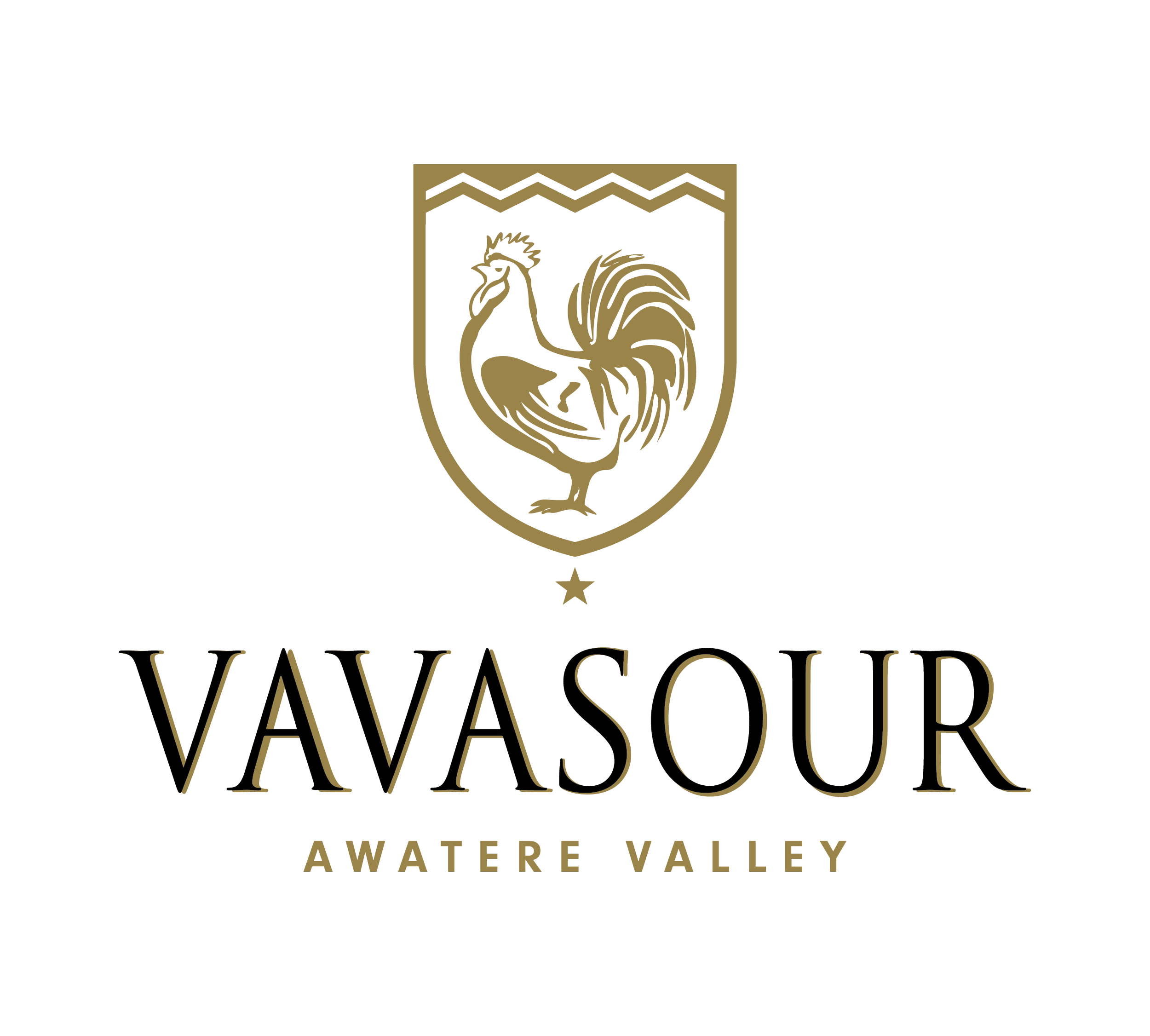 Logo for Vavasour, featuring a stylized rooster inside a shield with a star below, and the text "Vavasour" and "Awatere Valley" underneath.