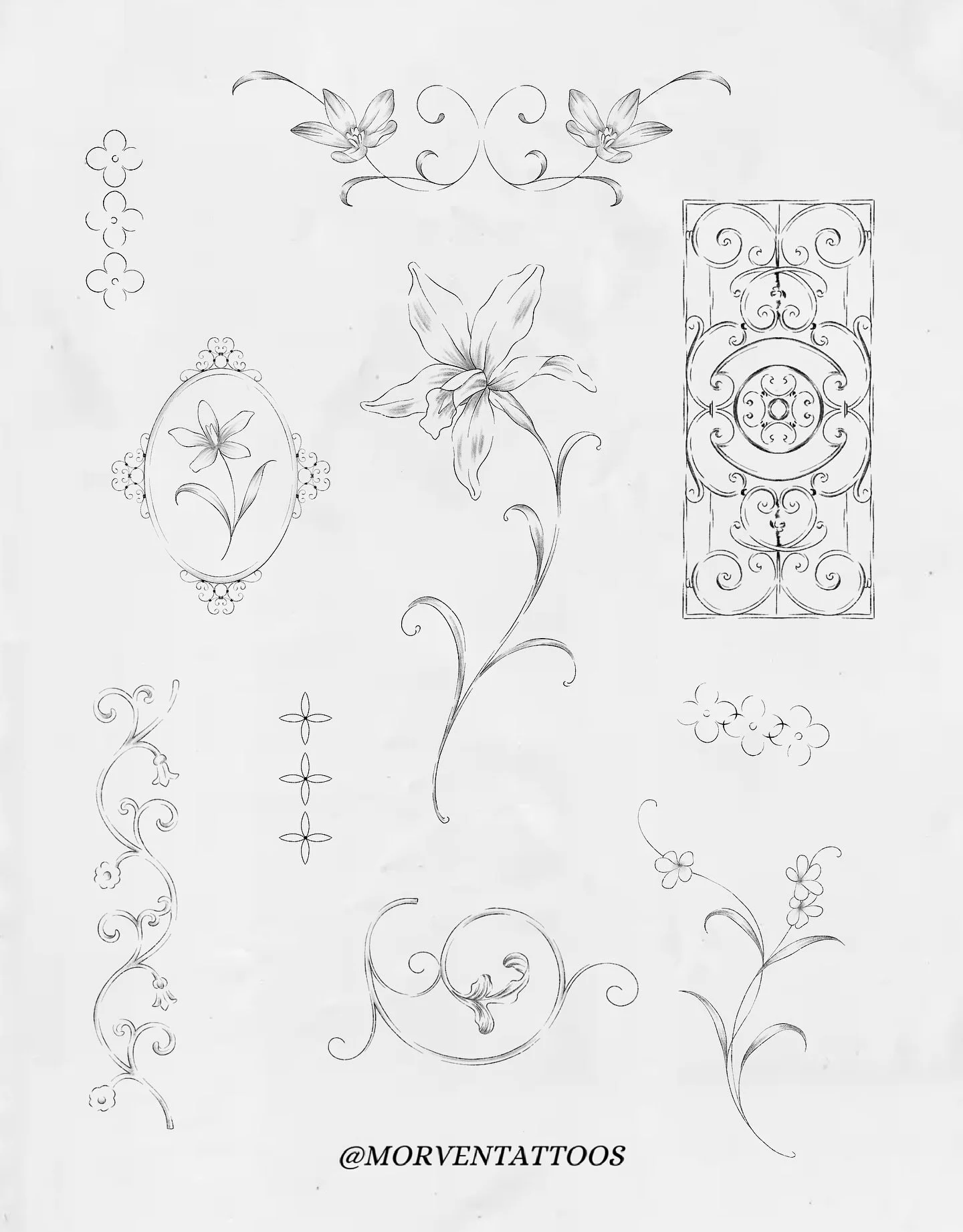 New flash! Florals &amp; ornaments &middot;༻𐫱༺&middot;

&bull; DM or email to claim
&bull; Booking timeframe in bio

#tattooflash #ornamentaltattoo #floraltattoo #vintagetattoo #mississaugatattoos #oakvilletattoos #finelineflash #flashsheet