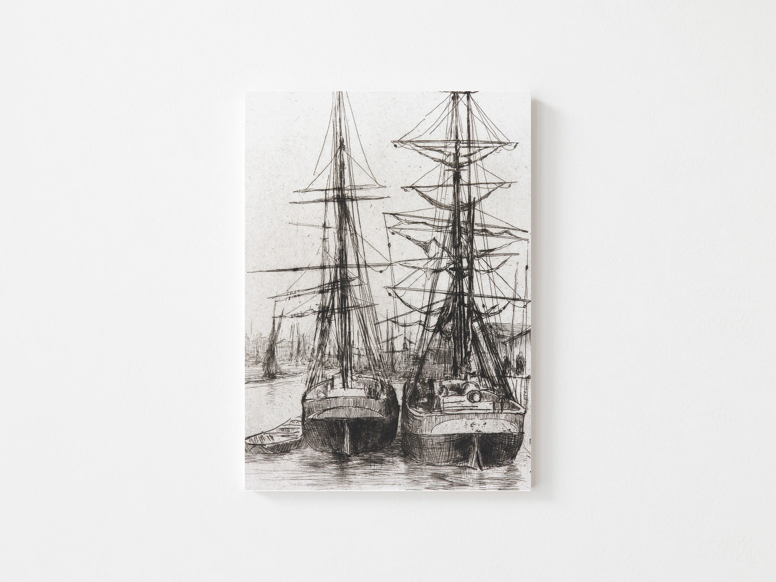 Vintage drawing of 2 sailboats moored at dock.