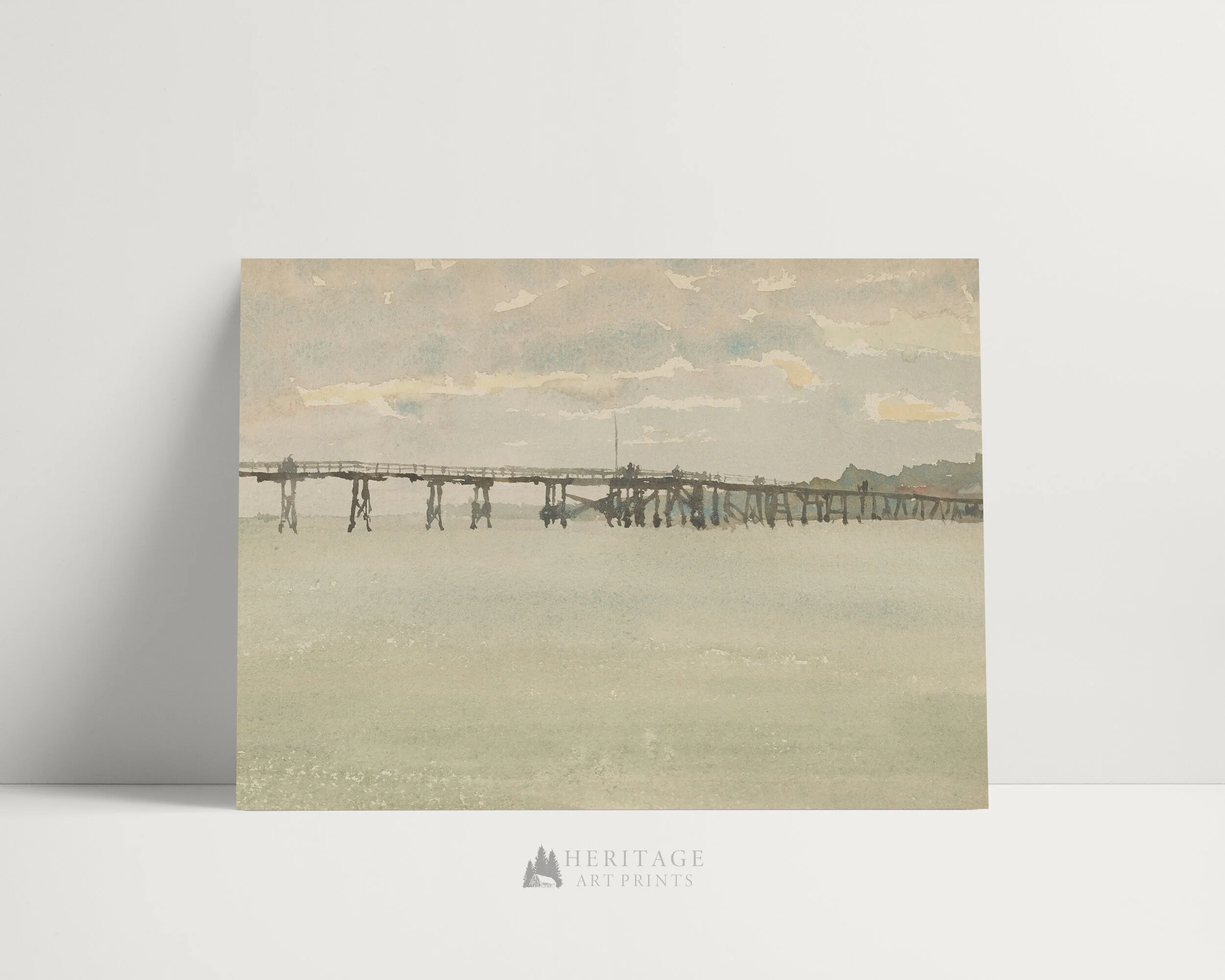 Watercolor painting depicting a long pier jutting out into the bay.