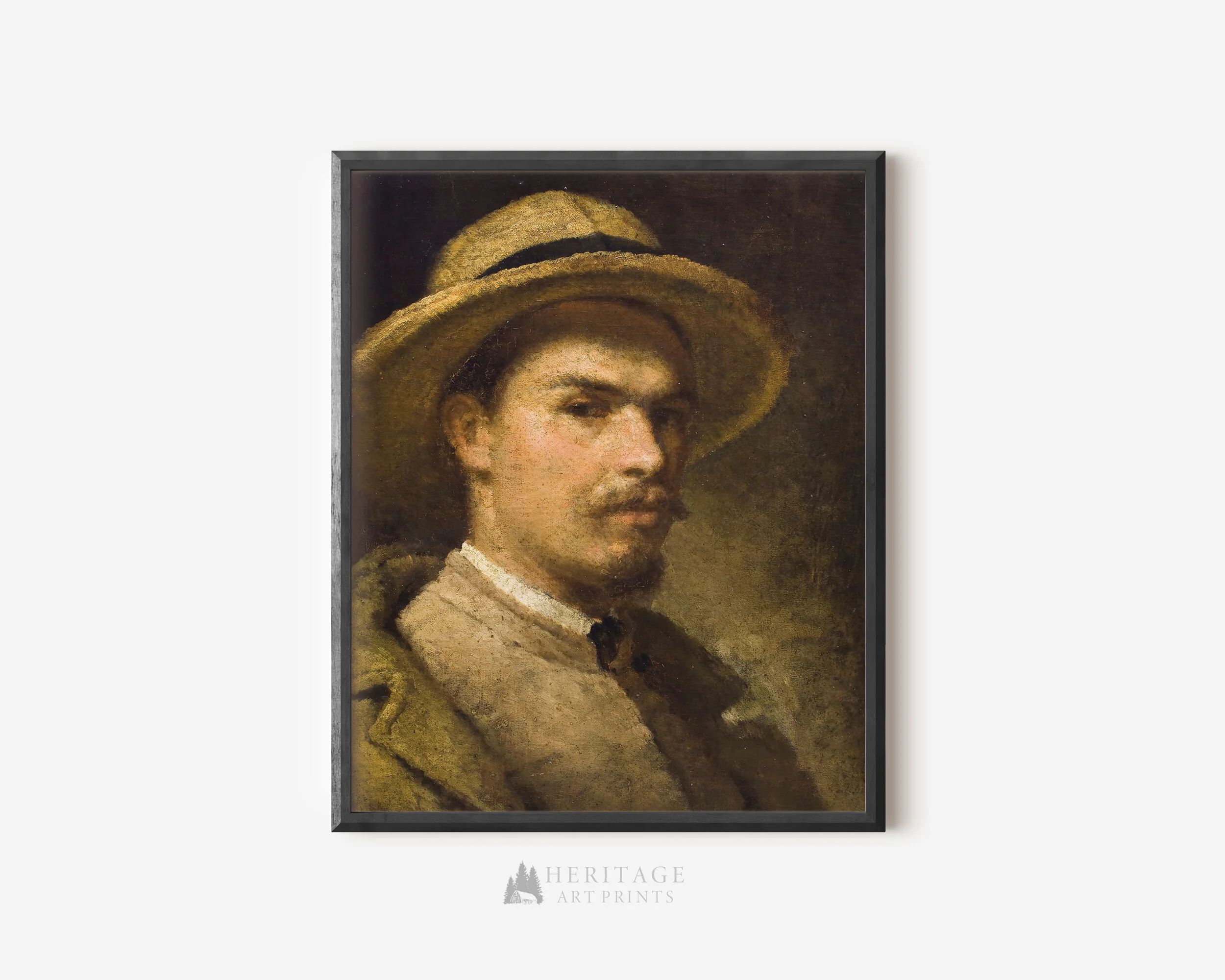 Framed portrait painting of a man wearing a brown suit and hat.