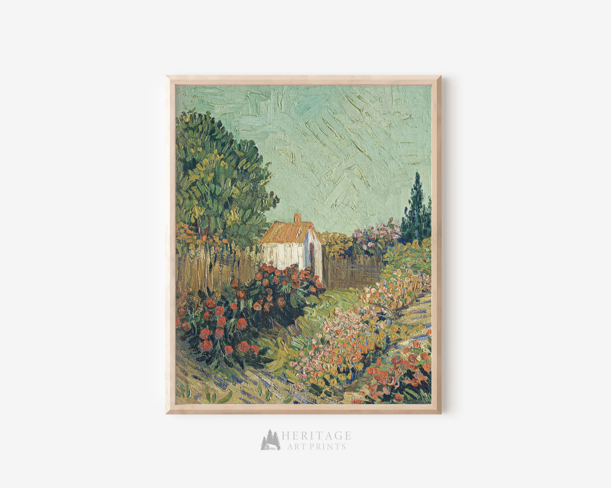 Wood framed oil painting of a rose garden in imitation of the style of Vincent van Gogh.