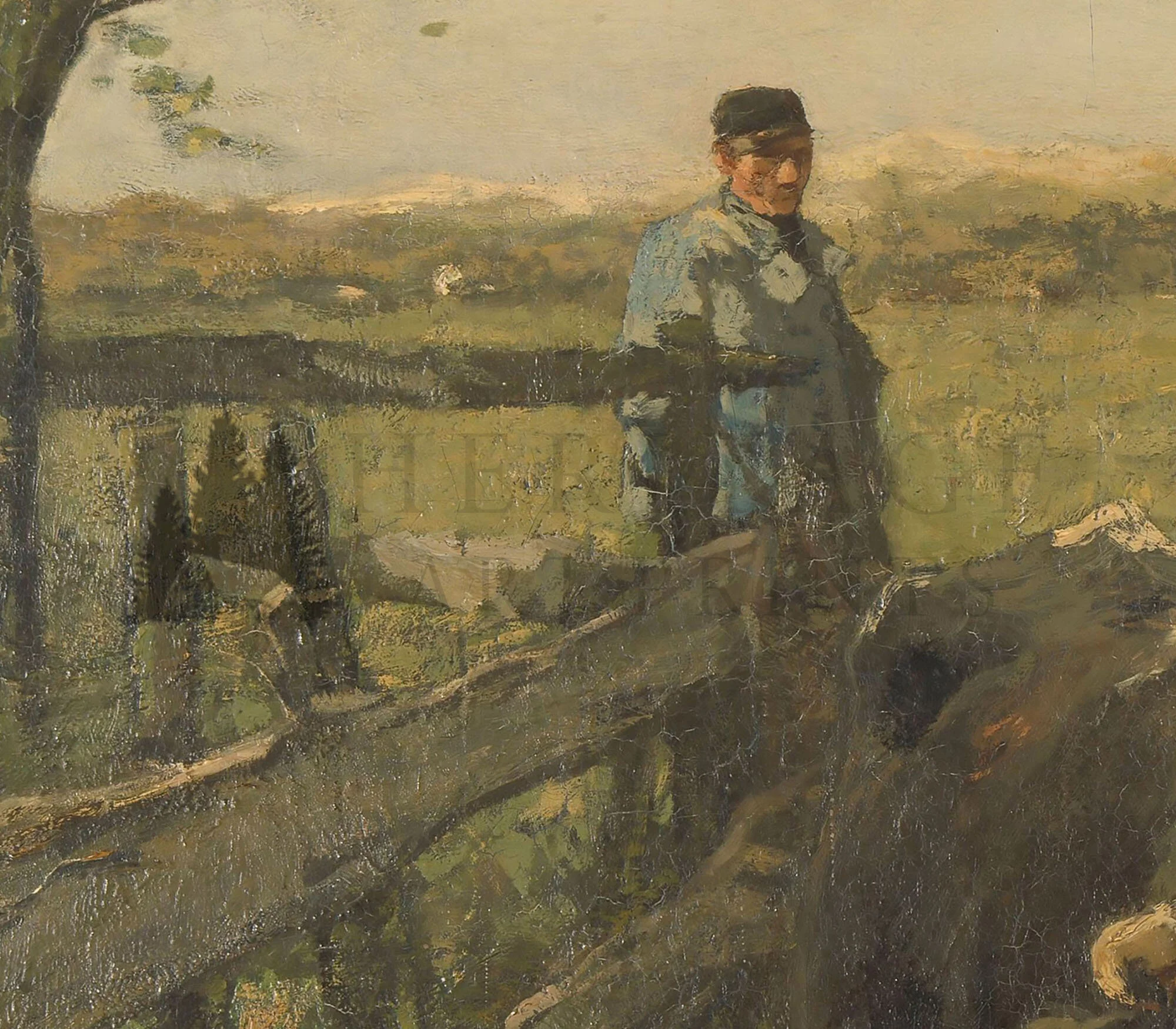 Close up view of vintage landscape oil painting depicting a farmer herding cows from the pasture.