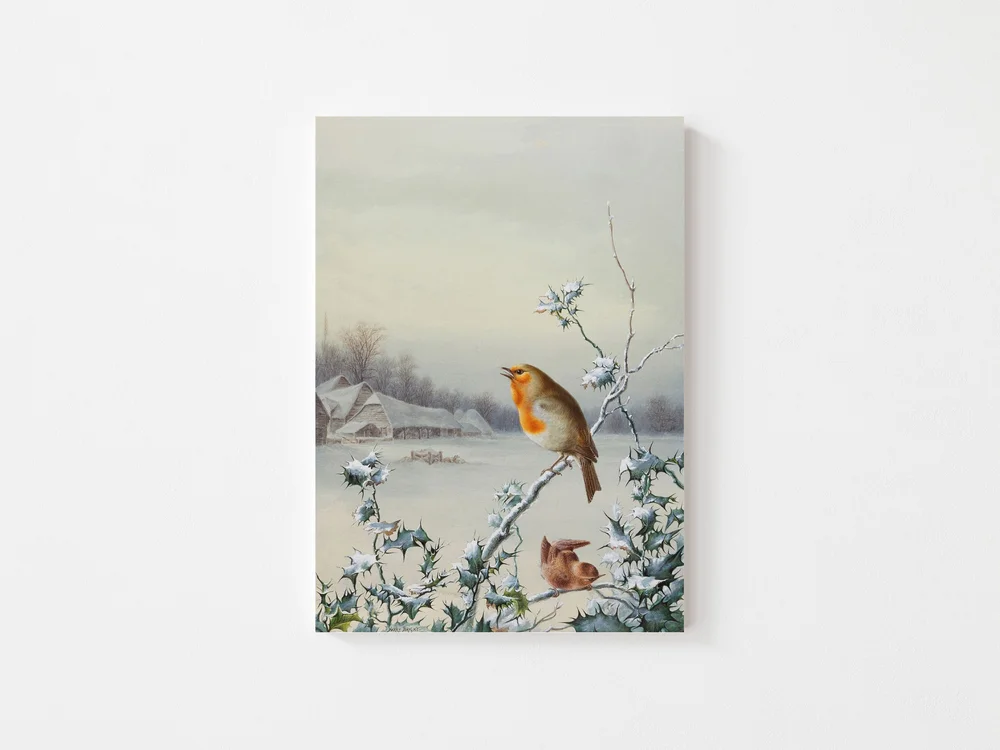 Tableau Sur Toile 'Winter Peaceful Bird' - Rouge-gorge Sur Branche Enneigée, Art Mural