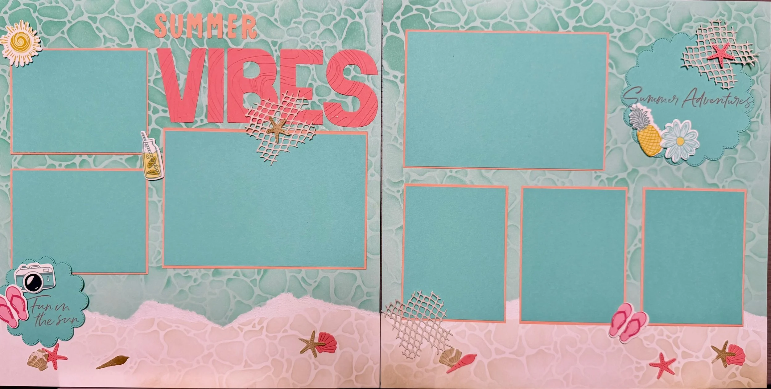 summer vibes scrapbook spread using Summer Happiness from Stampin' Up with flip flops, sunshine seashore embellishments