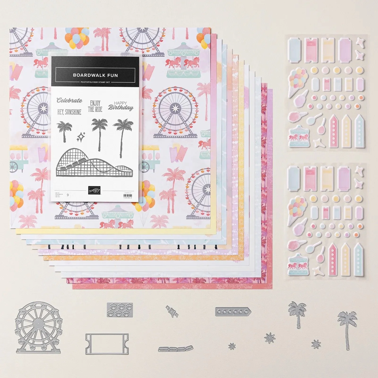 Stampin Up Beach Boardwalk Suite with 12 x 12 Designer Series Paper with ferris wheels, Merry-go-round ballons, and palm trees