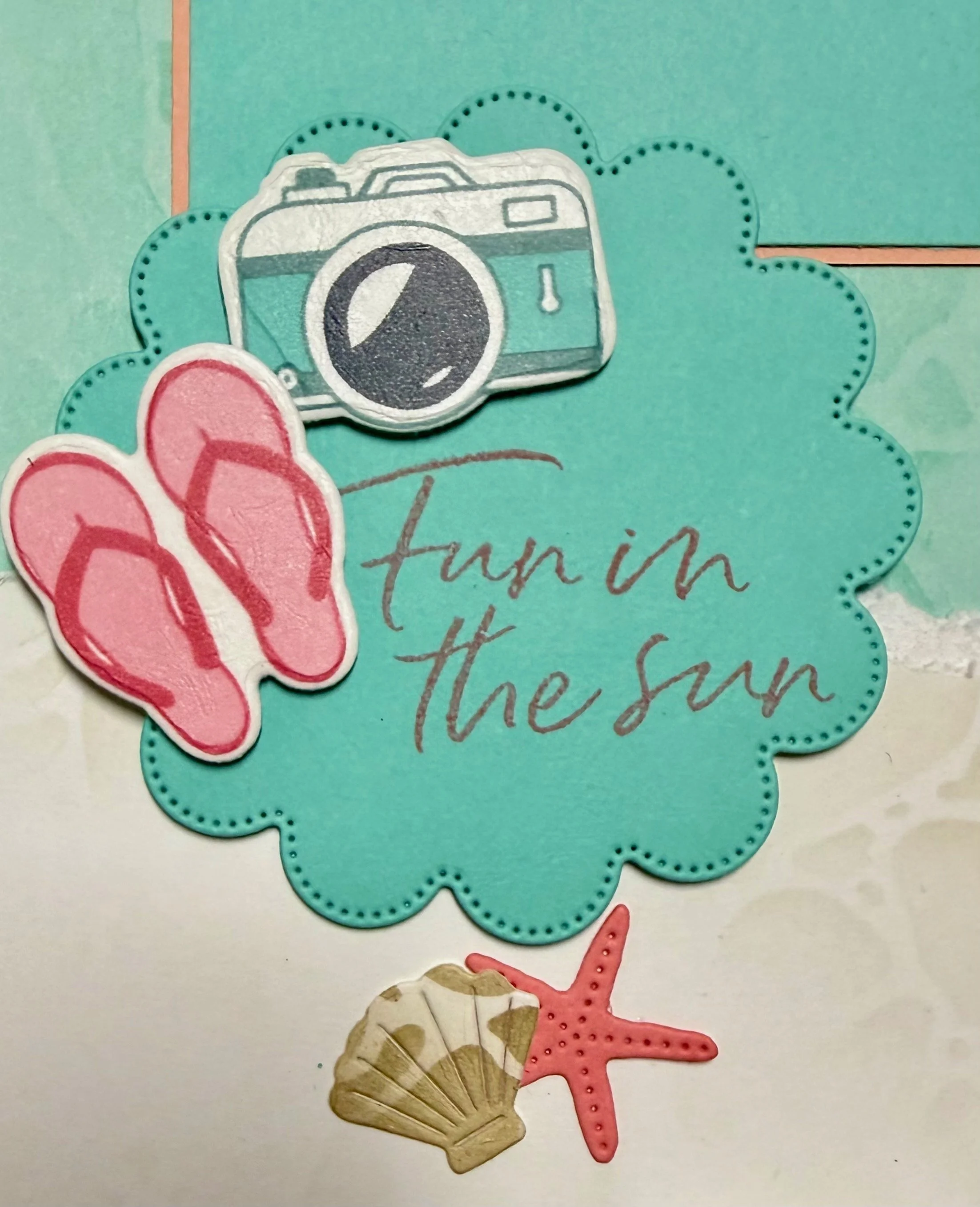 washi tape die cut in a camera, flip flops, sunshine for summer fun scrapbook spread and decorations for summer pool party