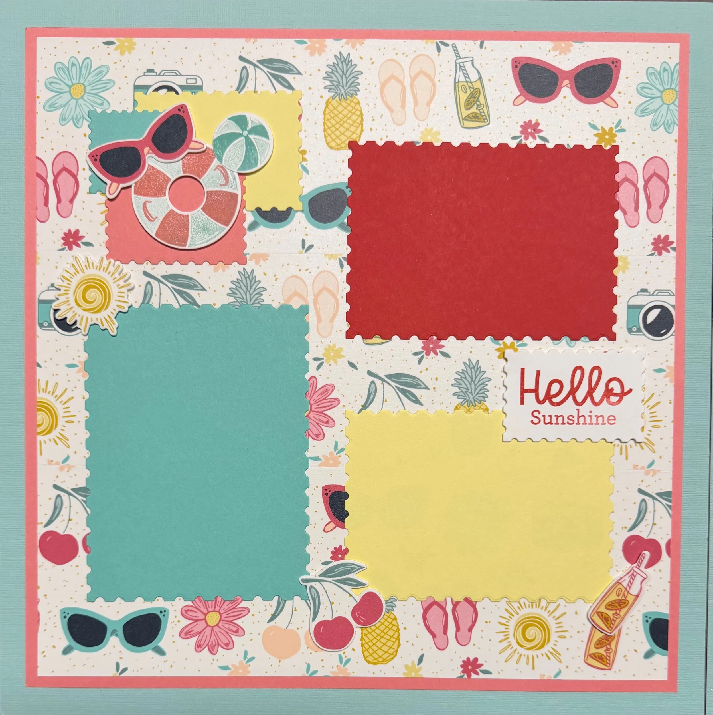 Summer Happiness Washi tape for summer scrapbook spread has camera, flip flops, sunglasses, pineapple, flowers, and sodas