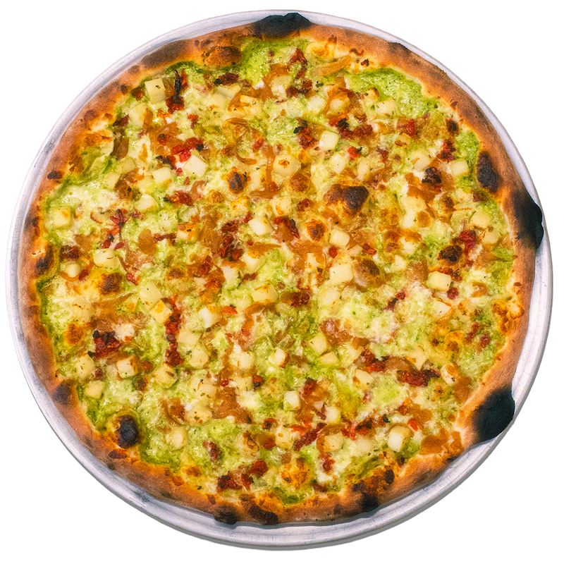 THE DRUID (aka potato pesto): Creamy pesto, mozzarella, roasted potatoes, caramelized onion, sun-dried tomato.