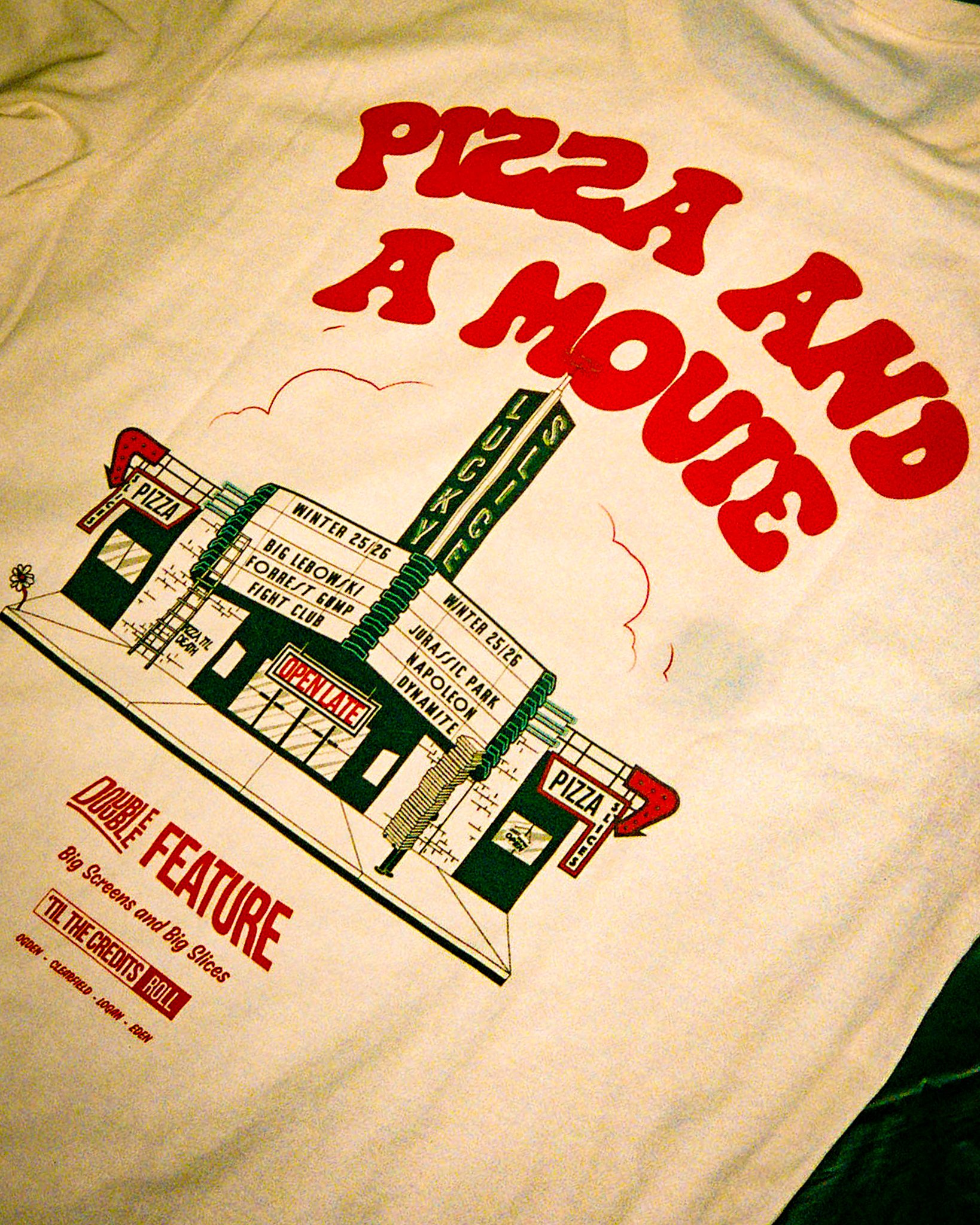 &quot;Pizza Meets Cinema&quot; merch designed by the Local Legend @_jonmac for our new WINTER SEASONAL MENU, a tribute to some of our favorite flicks from bygone eras...

Shirts available in store at all Lucky Slice Locations!