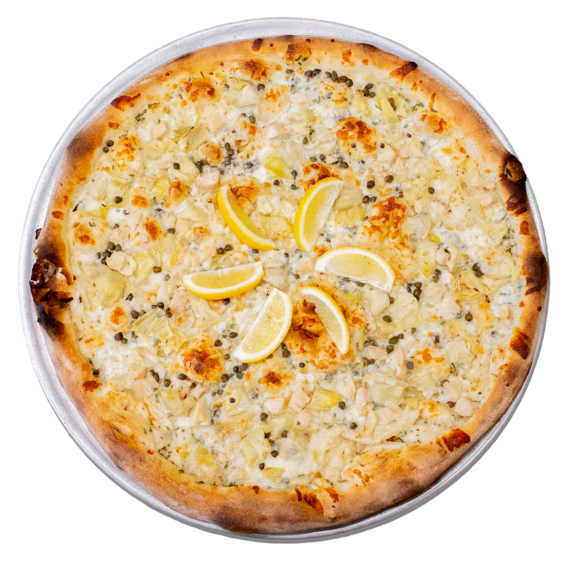 THE SAGE: Sage herbal sauce, mozzarella, chicken, artichoke hearts, capers, lemon wedge.