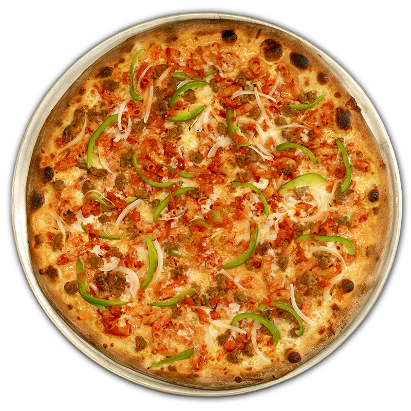 ARABBIATA: Garlic cream sauce, mozzarella, macaroni, red sauce, sausage, onion, green pepper, calabrian chili.