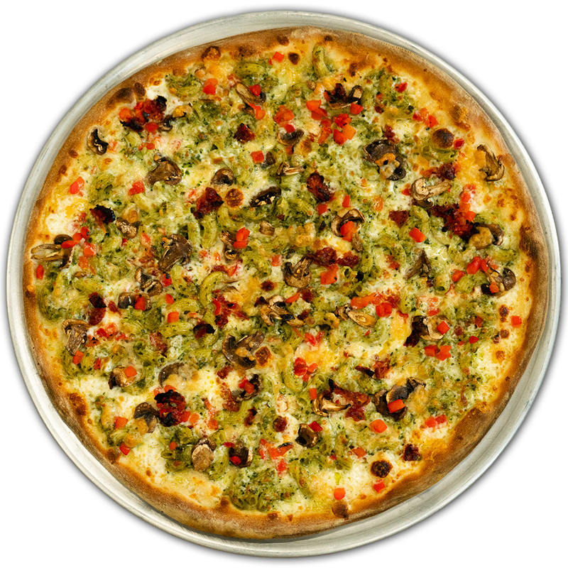 PRESTO PESTO: Garlic cream sauce, macaroni, pesto, mozzarella, mushroom, sun-dried tomato, roasted red pepper, shaved parmesan.