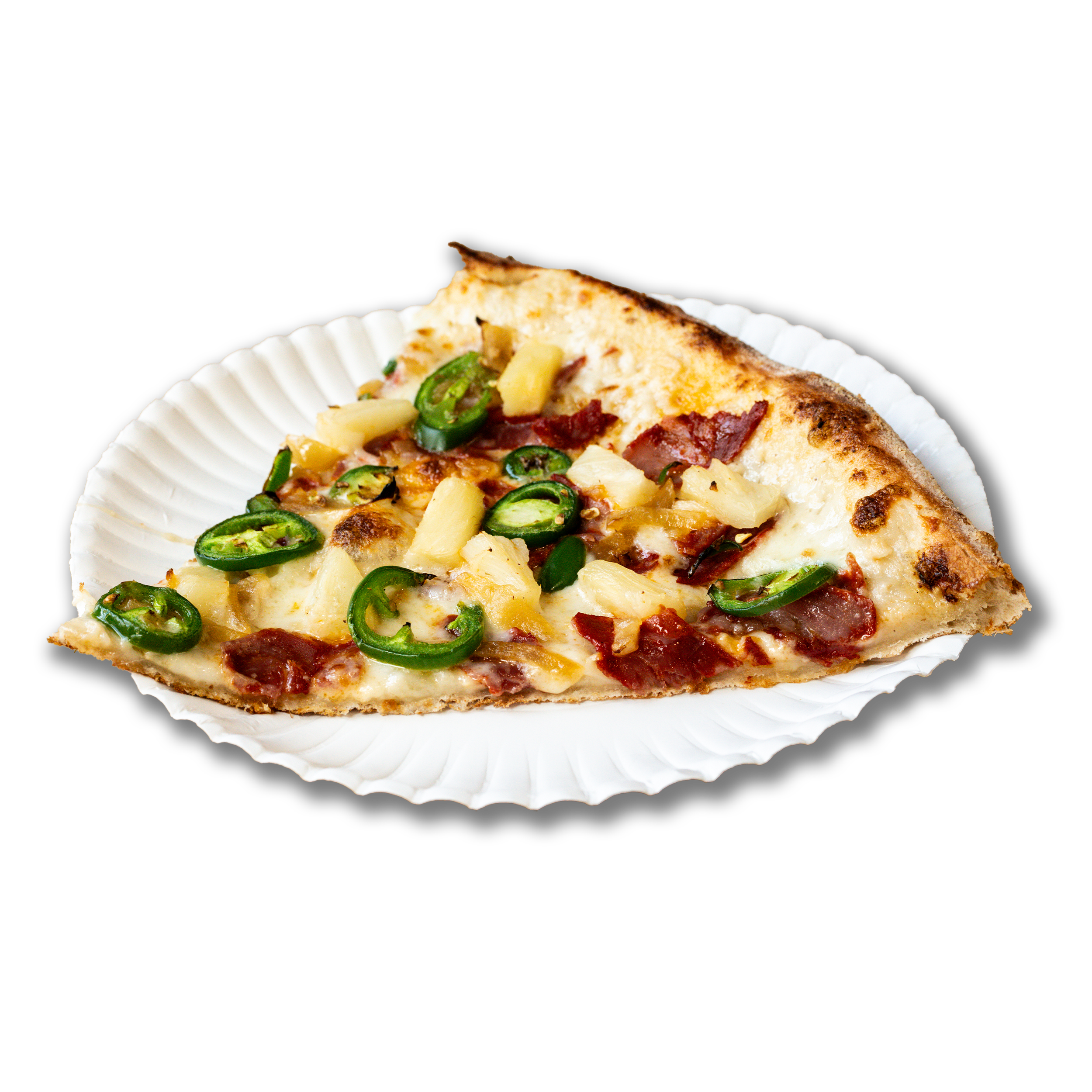 Fire Island: Garlic cream sauce, mozzarella, caramelized onion, capicola, jalapeno, pineaple.