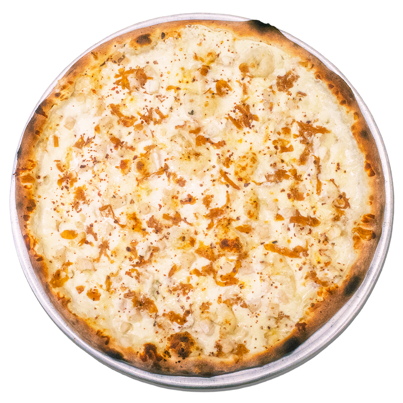 THE CLERIC: Garlic cream sauce, mozzarella, ricotta, chicken, caramelized onion, red pepper flakes.