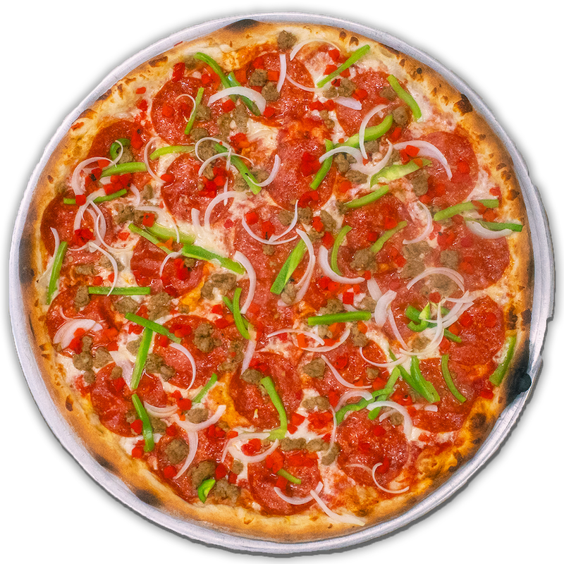 THE FIGHTER: Red sauce, mozzarella, pepperoni, sausage, onion, green pepper, roasted red pepper.
