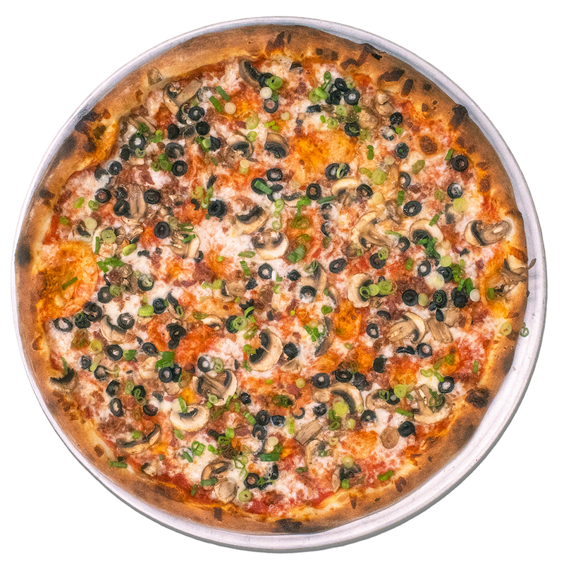 THE ROGUE: Red sauce, mozzarella, bacon, mushroom, olive, green onion, sri-racha.