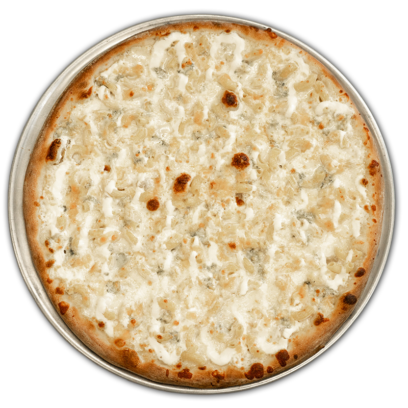 QUATTRO FROMAGE: Garlic cream sauce, mozzarella, macaroni, more garlic cream, blue cheese, parmesan, ricotta.
