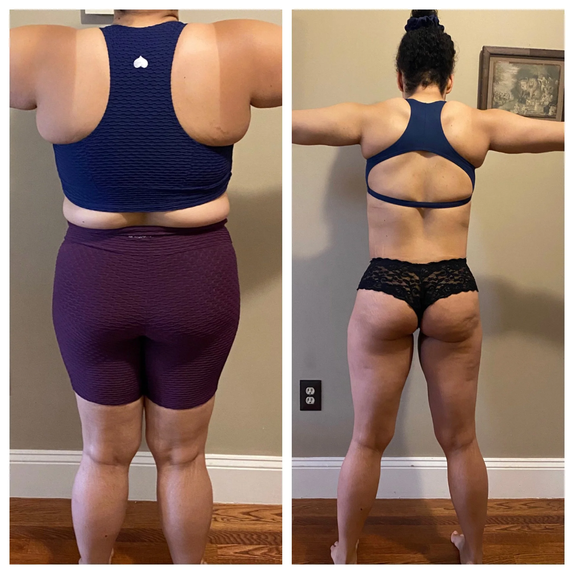 Side-by-side comparison of a woman's back showing physical transformation, with a before image on the left and an after image on the right; the woman is wearing different outfits in each photo, standing with arms raised in the after photo.