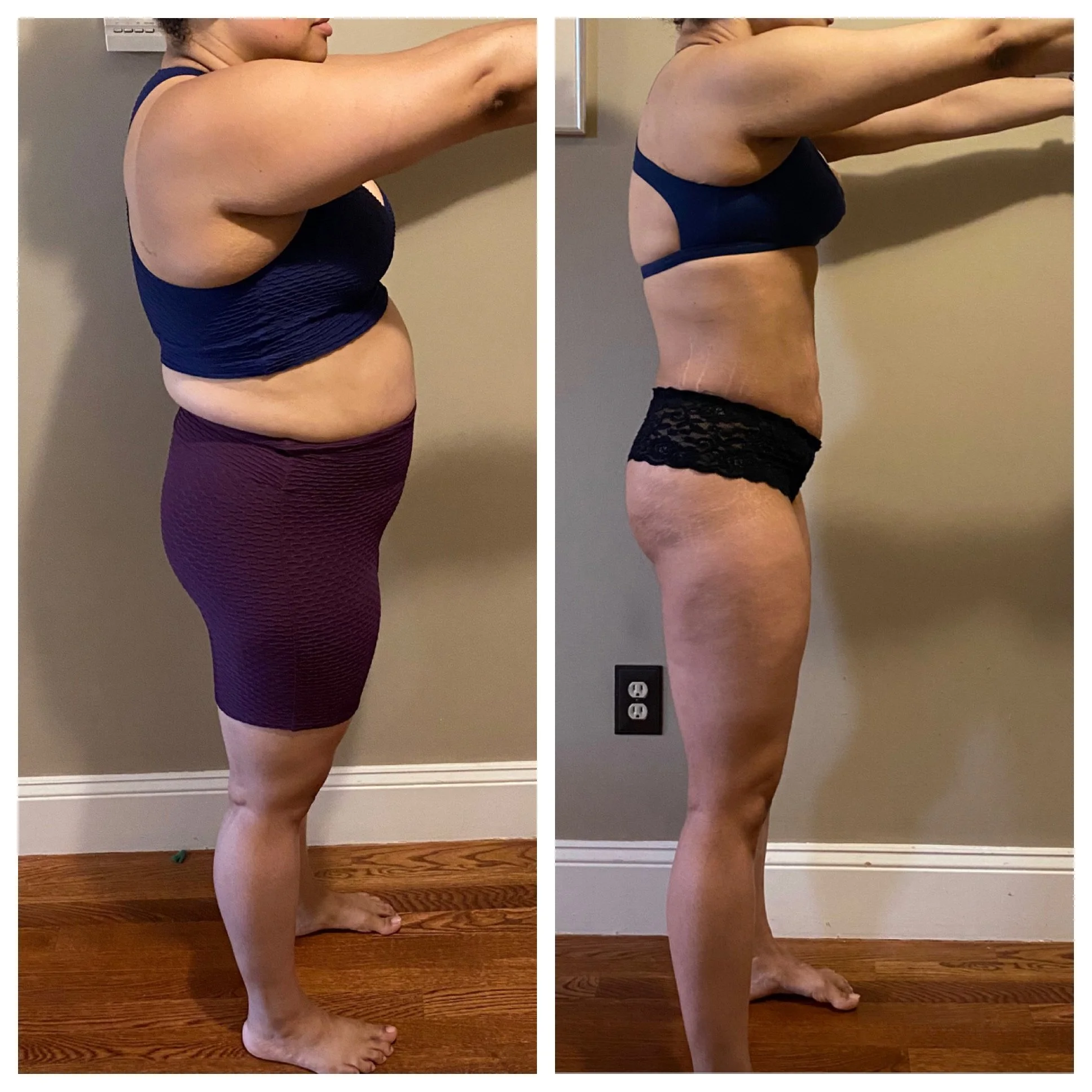 Side-by-side comparison of a woman's body before and after weight loss. In both images, she is standing in profile with arms extended forward and dressed in a sports bra and shorts, against a neutral-colored wall and wooden flooring.