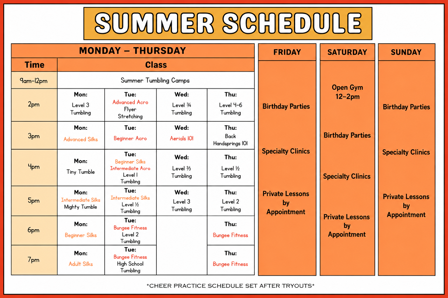 table of programs and times offered at the Academy of Acro Sports