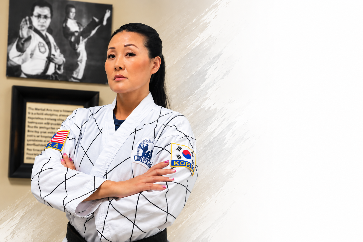 Master Hyong, P.S. Academy Tae Kwon Do instructor in Naperville, Illinois, wearing her black belt and martial arts uniform, demonstrating confidence and leadership.