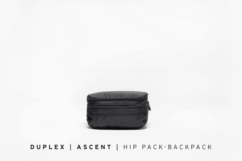 The hip pack converts into a backpack in seconds.