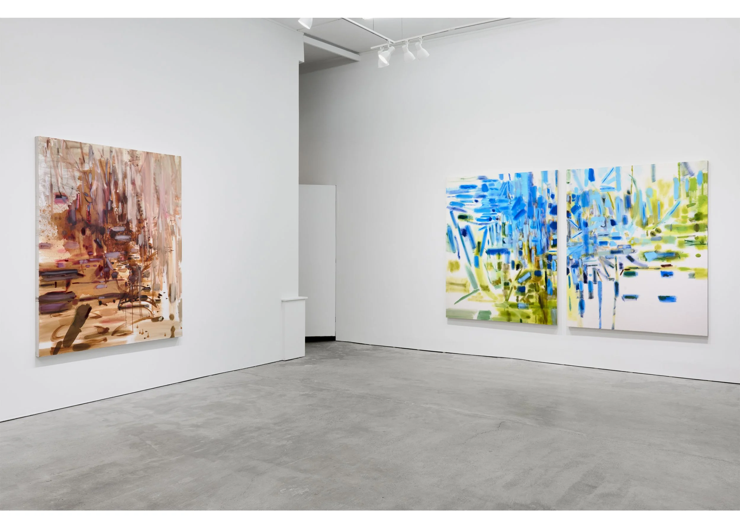 Solo show, "Here, Elsewhere", Private Public Gallery, Hudson, NY, November 29, 2025 runs until after January 11, 2026, left to right: "Bush", "Swell" diptych Photo by Luca Pearl Khosrova