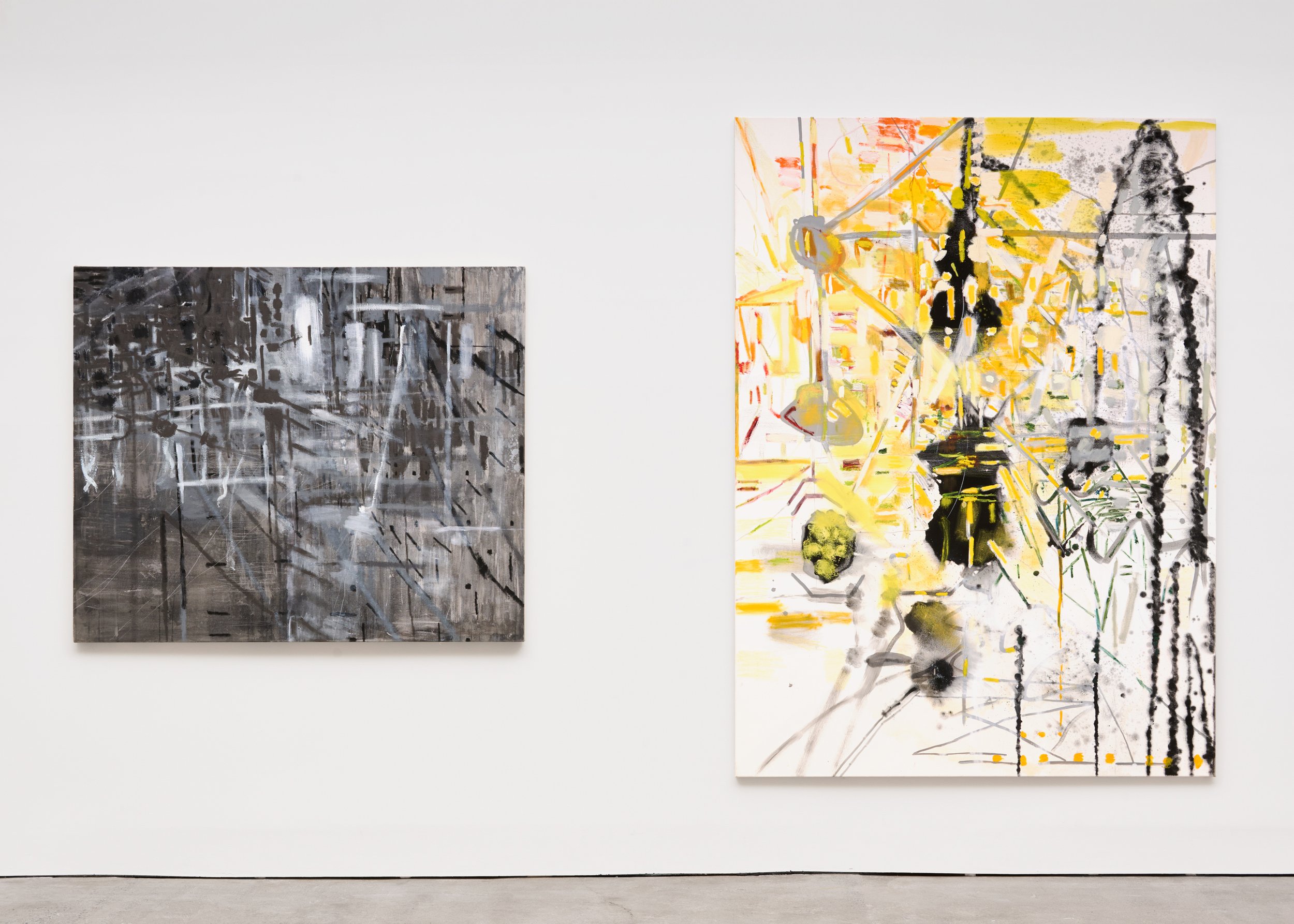 Solo show, "Here, Elsewhere", Private Public Gallery, Hudson, NY, November 29, 2025 runs until after January 11, 2026, left to right: "Chasm", "Net" Photo by Luca Pearl Khosrova