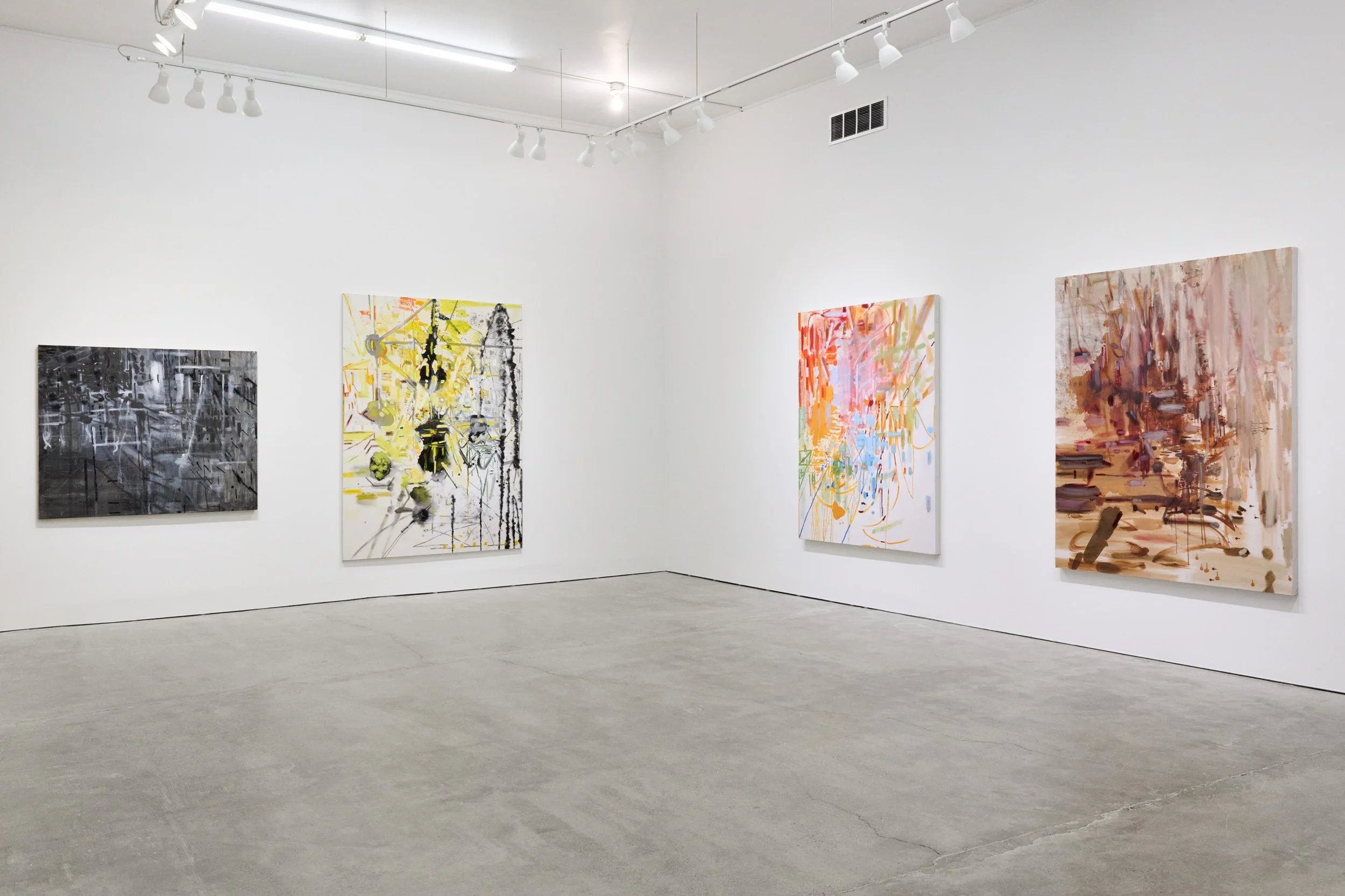 Solo show, "Here, Elsewhere", Private Public Gallery, Hudson, NY, November 29, 2025 - January 25, 2026, left to right: "Chasm", "Net" , "Park", "Bush" Photo by Luca Pearl Khosrova