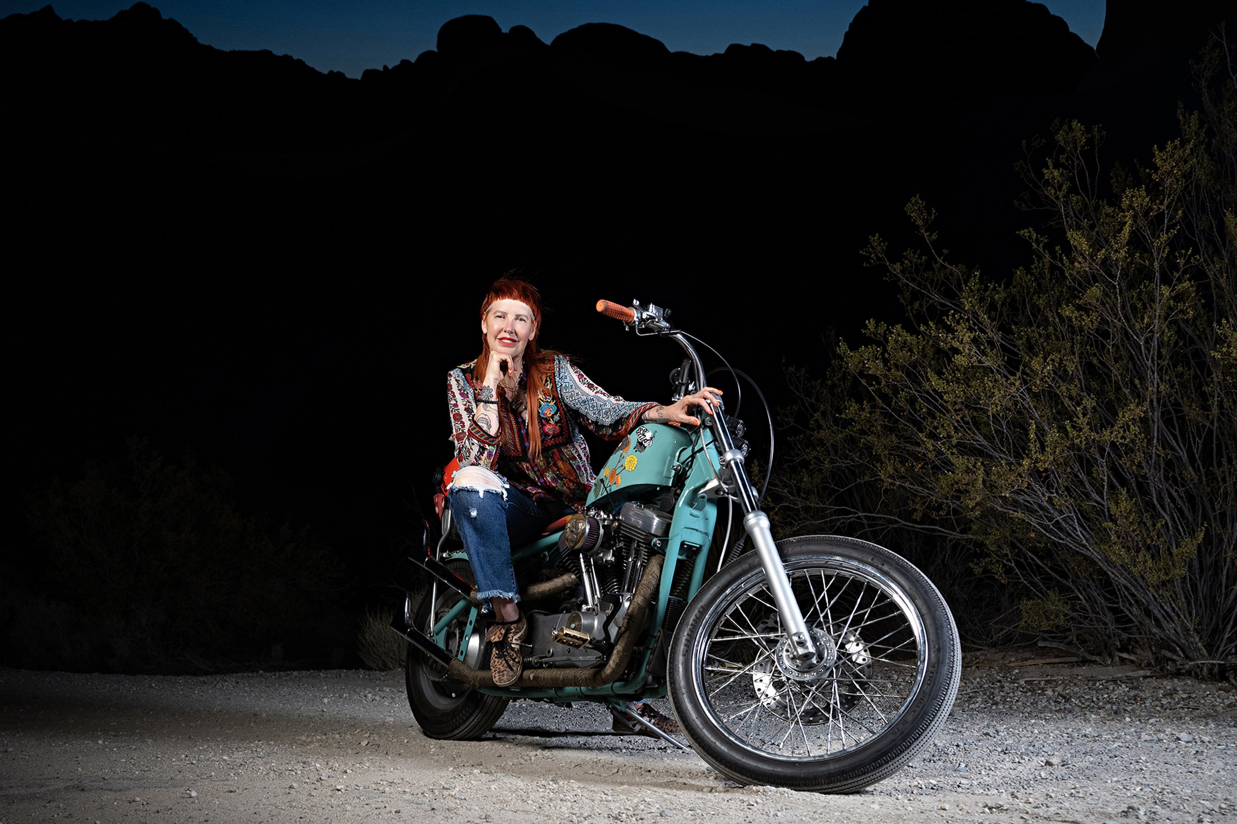 Night shoot of Harley Davidson female riders.