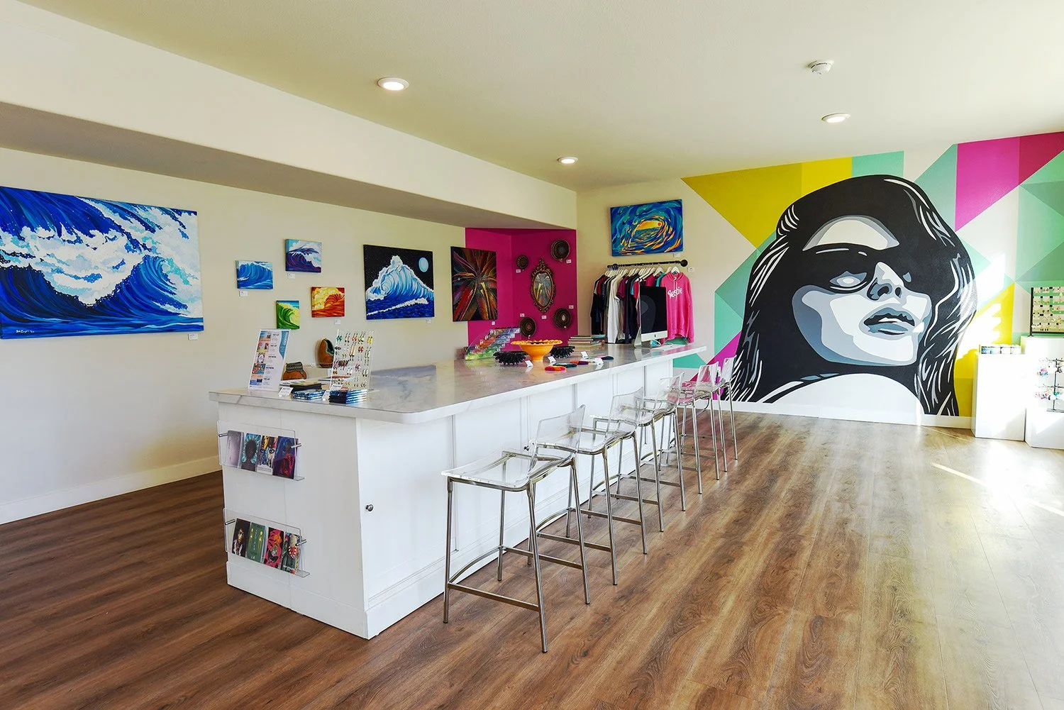 Colorful art on the walls of the Port Side Art Gallery, advertising photo