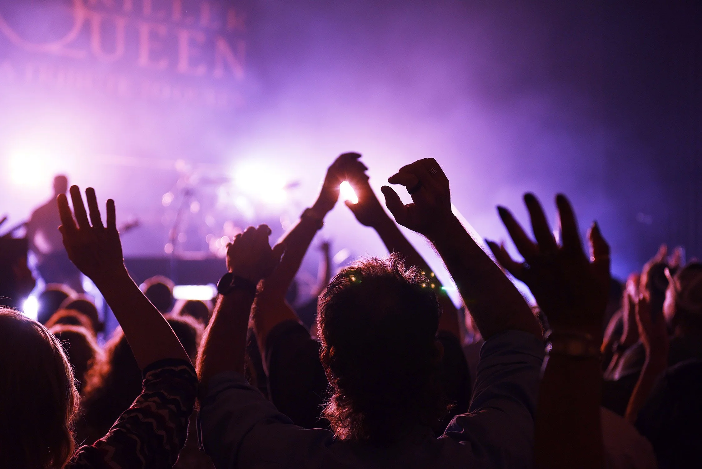 Bathed in purple light the crowd throws their hands in the air at a live show