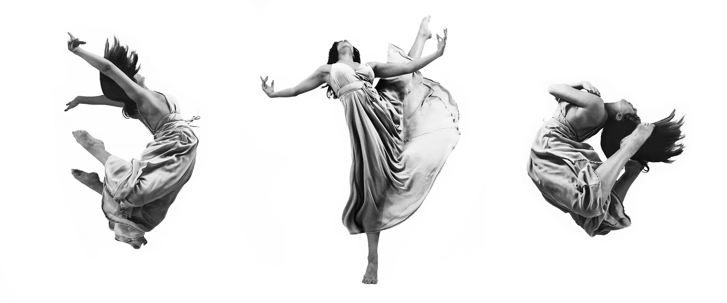 A modern ballerina executes amazing jumps  in three shots combined in one image black and white