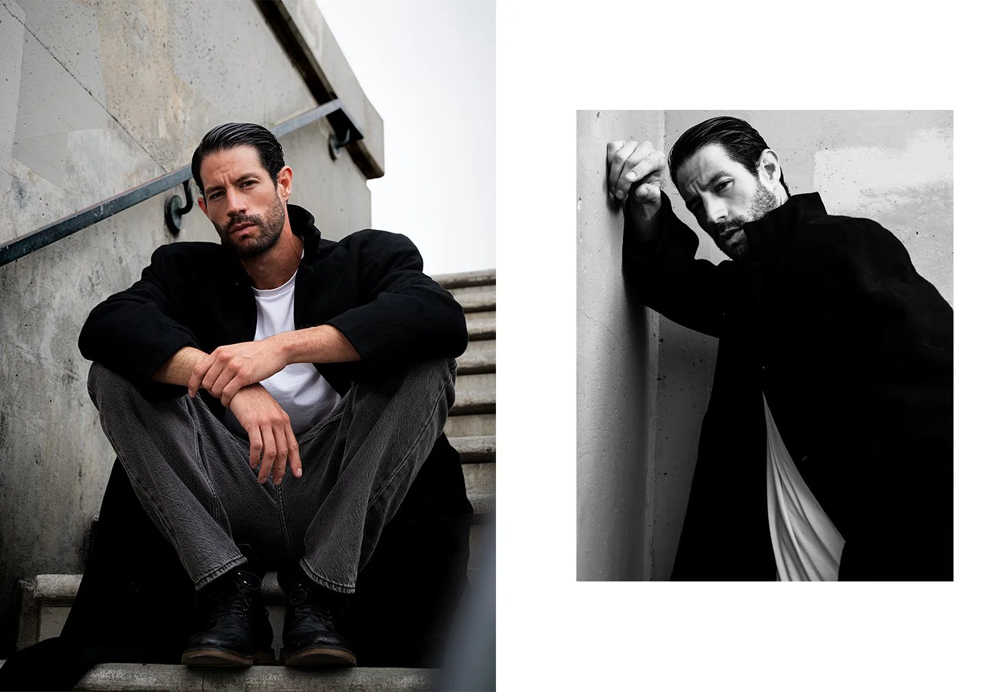 Male model wearing a black fall trenchcoat, posing on concrete stairs during an urban editorial portrait session.