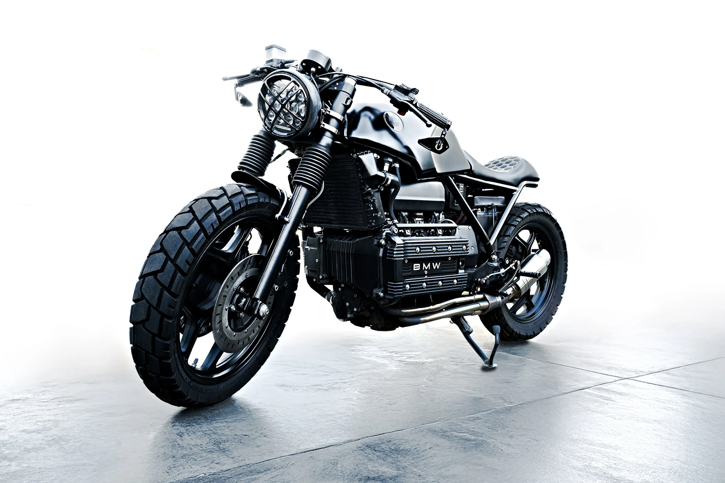 custome build of bnw motor bike in modern showroom