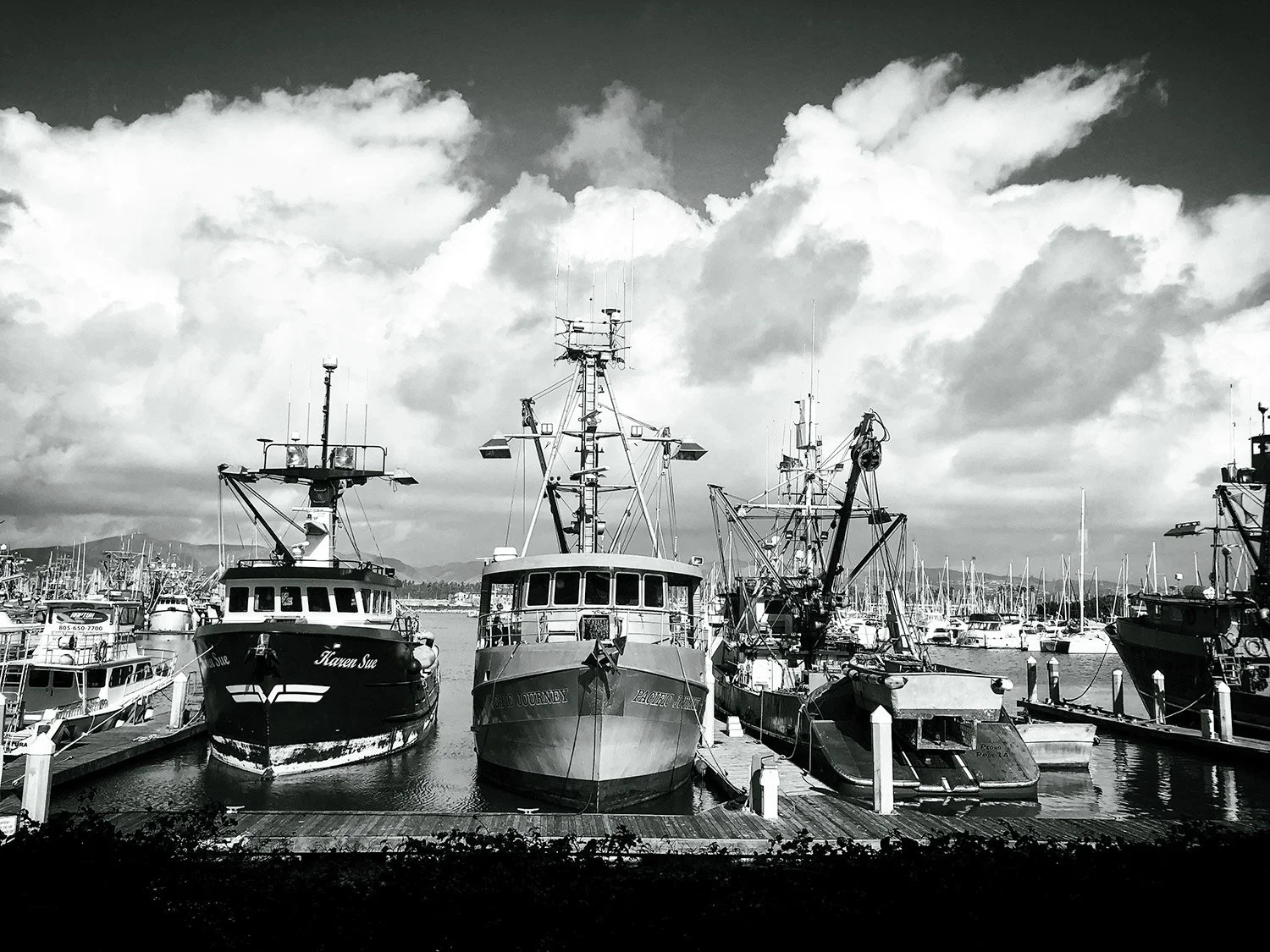 Ships in a Ventura harbor in black and white photo
