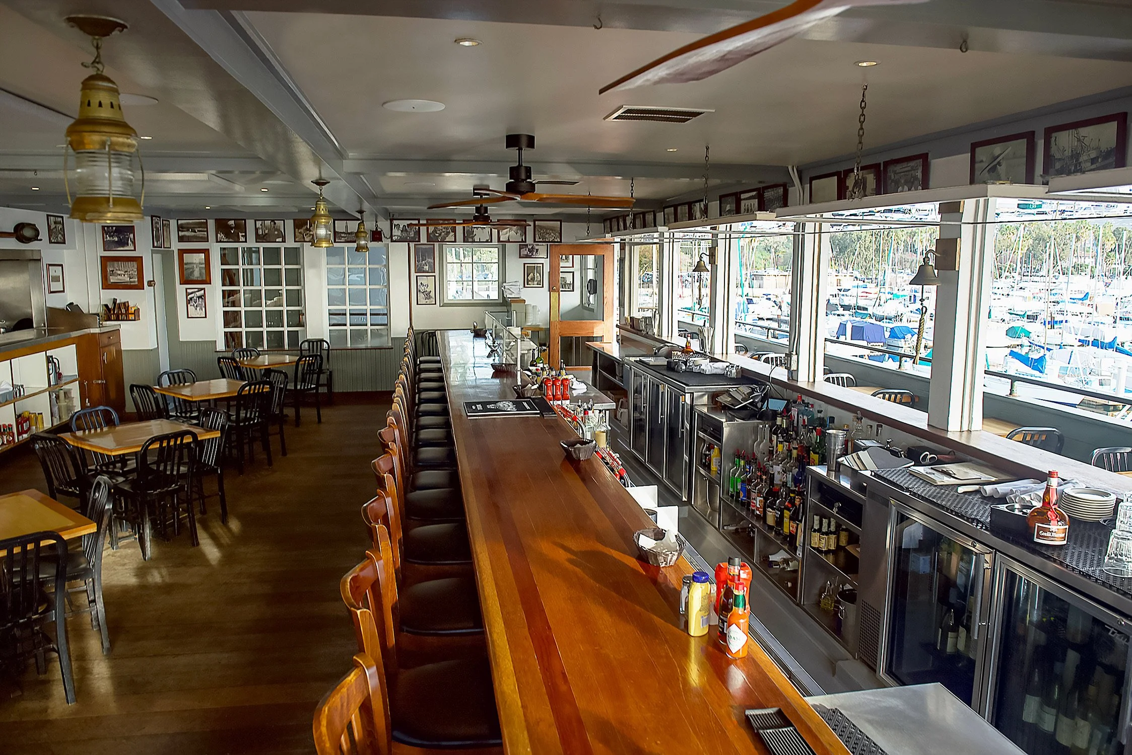 A bar with a view of the Santa Barbara harbor at Brophy Bros.
