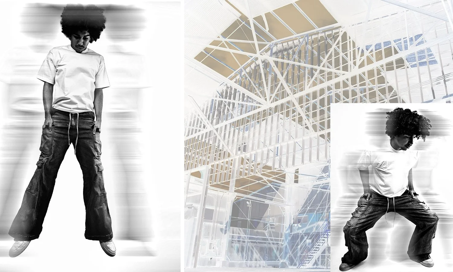 Studio session with motion emphasis of young man in jeans .