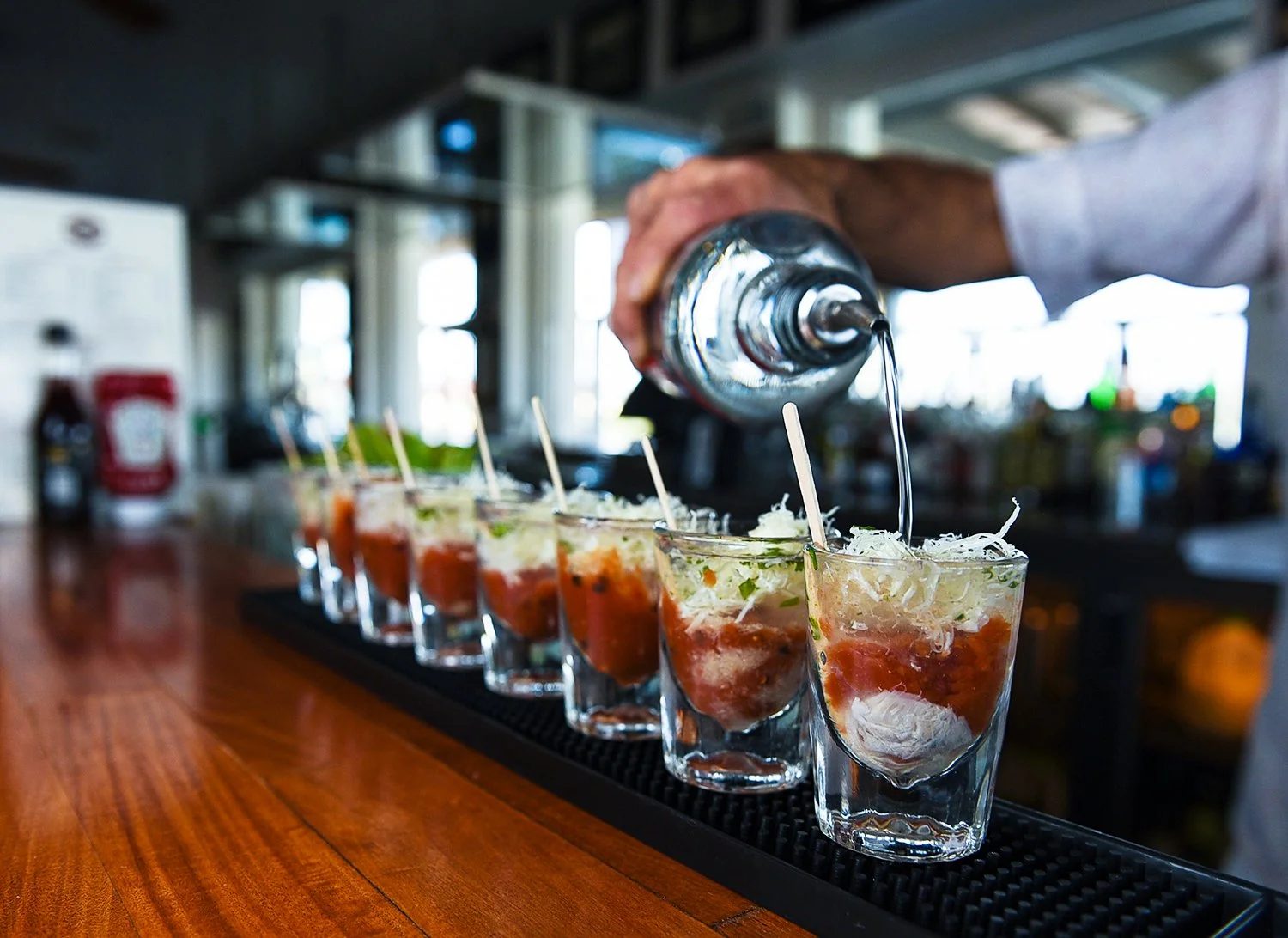 House signature Oyster shooters prepared at Brophy Bros in Ventura Harbor